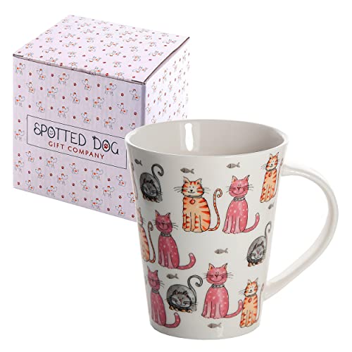 SPOTTED DOG GIFT COMPANY Cat Mug, 12.2 oz Ceramic Coffee Mug & Tea Cup, Happy Cats Themed, Microwave & Dishwasher Safe, Cute Cat Gifts for Women and Animal Lovers