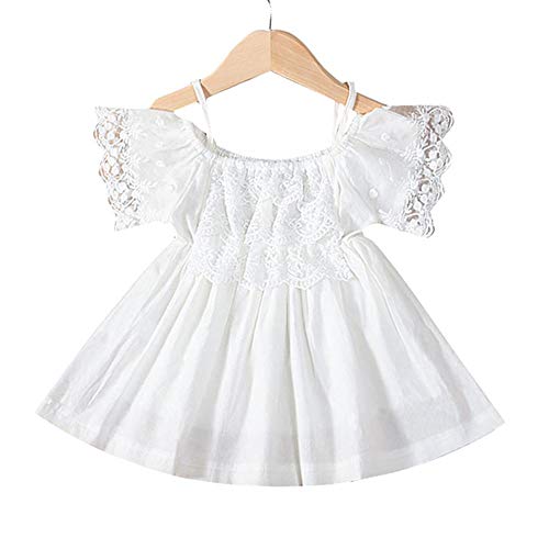 Toddler Girl Lace Princess Ruffled Sleeve Tunic Party White Dress Summer Floral Beach Sundress (White, 9-12 Months)