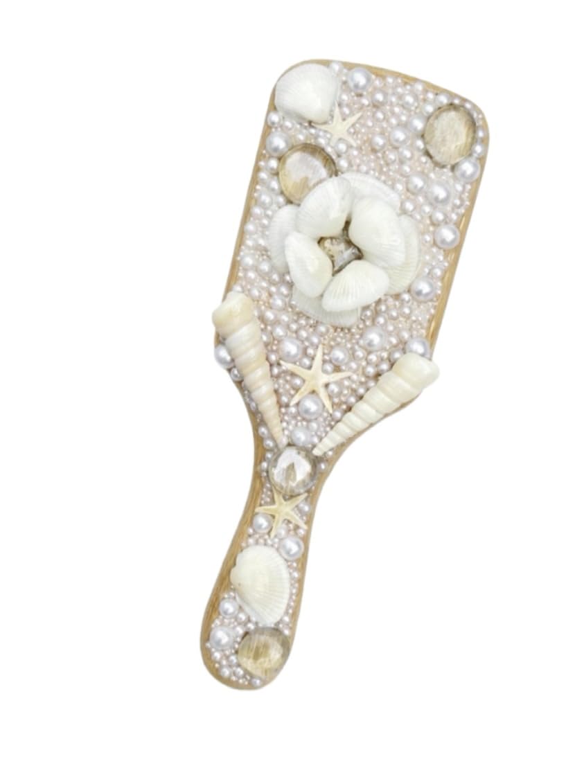Handmade Bamboo Hair Brush with Real Sea Shells & in Resin Decorative Wooden Paddle Brush for women Eco- Friendly Coastal Beach unique Aesthetic Gift for Detangling &Frizz Control