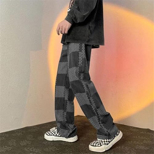 Men with Pockets Cowboy Pants Lattice Straight Oversize Jean Trousers3