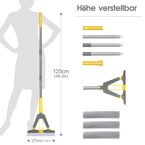 Masthome Schwamm Wischmopp, Schwammwischer mit Edelstahl Stiel,Saugfähig Schwamm Bodenwischer mit 3 Schwammköpfe, Selbstwringender Bodenreinigungs Schwamm Mopp für Böden Reinigung – Bild 3