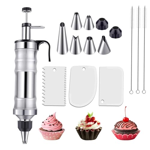 Dessert Decoration Syringe Kits,15 Pieces Cake Master Decorating Supply Set,Cupcake Filling Injector with 6 Icing Nozzles and 3 Cream Scrapers,Reusable Baking Tools-Silver