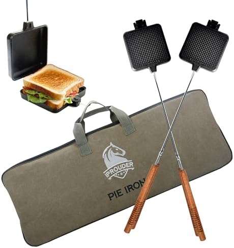 IPROUDER Campfire Pie Iron 4.9" Large Cast Iron Sandwich Maker for Camping 2 Pcs with Storage Bag - 22.6 inch Thickened Handles - Campfire Cooking Equipment for Grilling & Outdoor Cooking