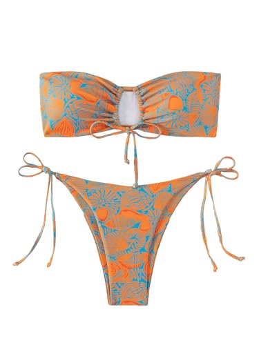 SHENHE Women's Strapless 2 Piece Tropical Swimsuit Drawstring Tie Side Bandeau Bikini