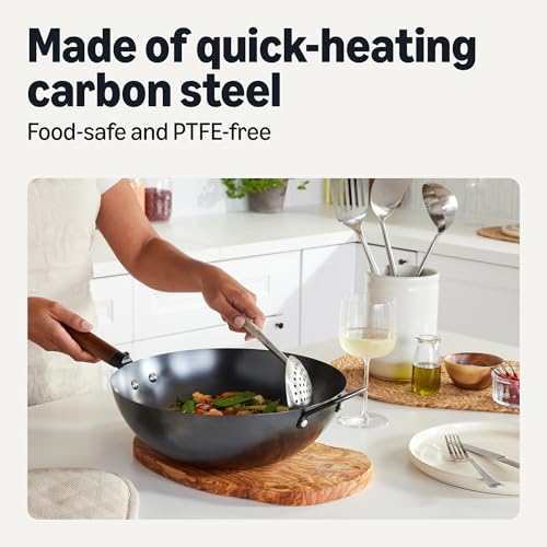 Amazon Basics Carbon Steel Pre-Seasoned Wok with Acacia Wood Handle, All Cooktop Friendly, 32cm