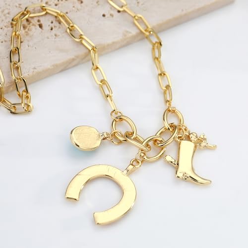 Gold Charm Necklace for Women Western Jewelry Boho Coastal Cowgirl Cowboy Horseshoe Pendant Boot Heart Star Cactus Charms Chunky Paperclip Chain Statement Choker Necklaces Gift 7