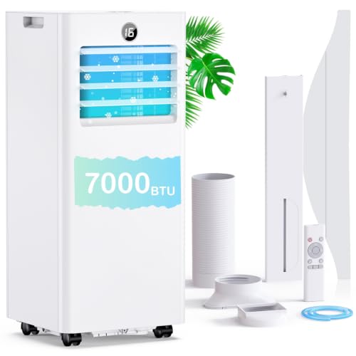 Aire Acondicionado Portátil 7000 BTU, Climatizador Silencioso 4 en 1: Refrigeración/Ventilador/Deshumidificador/Modo Sueño, Mando a Distancia, Pantalla LED, Temporizador 24h, Ruedas, con Kit Ventana