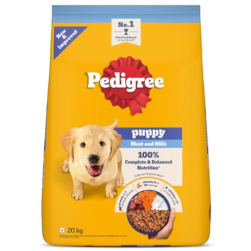 Pedigree Puppy Dry Dog Food, Meat & Milk, 20 kg, Contains 37 Essential Nutrients, 100% Complete & Balanced Food for Puppies