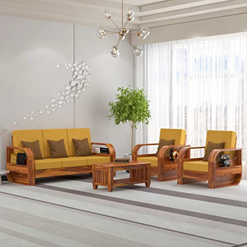 Image of Douceur Furnitures Solid Sheesham Wood 5 Seater Sofa | Five Seater Sofa Set with Coffee Table for Living Room, Cafe, Office | (Honey Teak Cushion Mustard Yellow)