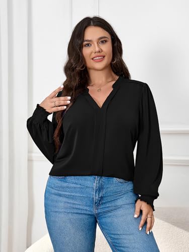 SCOMCHIC 2024 Plus Size Blouses for Women Dressy Casual V Neck Long Sleeve Casual Loose Shirts XL-5XL4