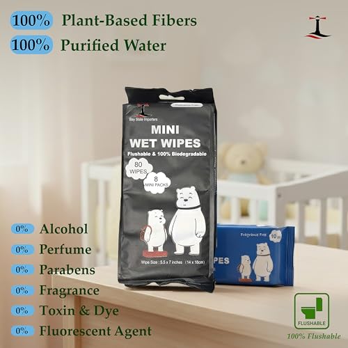 Image of Mini Flushable Wipes Travel Size - 80 Biodegradable Disposable Wet Wipes - Compact Travel Flushable Wipes for Purse, Backpack, and Airplane Travel - Wipes (8 Packs of 10)