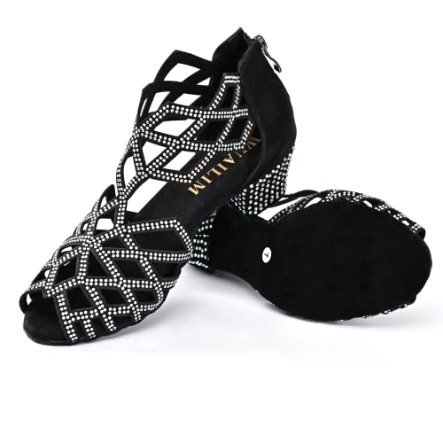 Wuailim Women's Ballroom Rhinestone Dance Shoes, Latin Salsa Bachata Practice Performance Dancer Shoes(Black,1.5 Inches Heel,Size 10) #TOP2