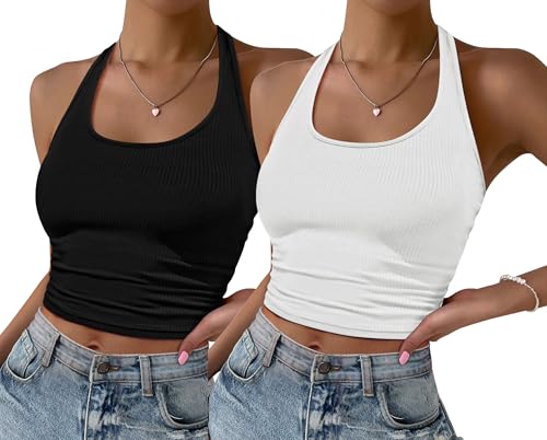 Image of Ekouaer Women Halter Top Backless Scroop Neck Slim Stretchy Ribbed Knit Camisole Crop Tops S-XXL