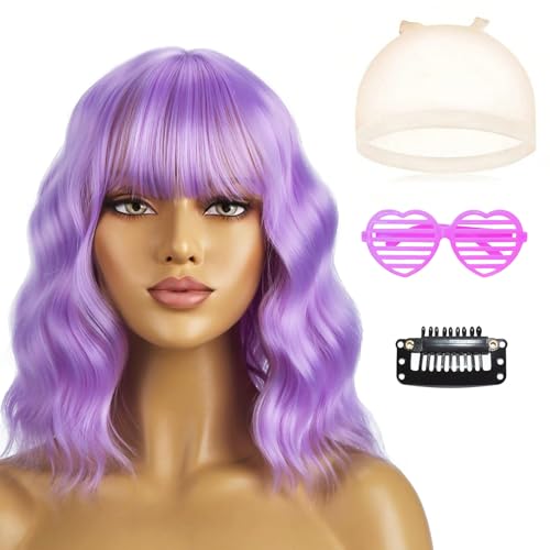 Purple Wig Short Lilac Wigs for Women Natural Wavy Curly Light Purple Wig with Bangs Heat Resistant Fiber for Daily Use or Cosplay Party