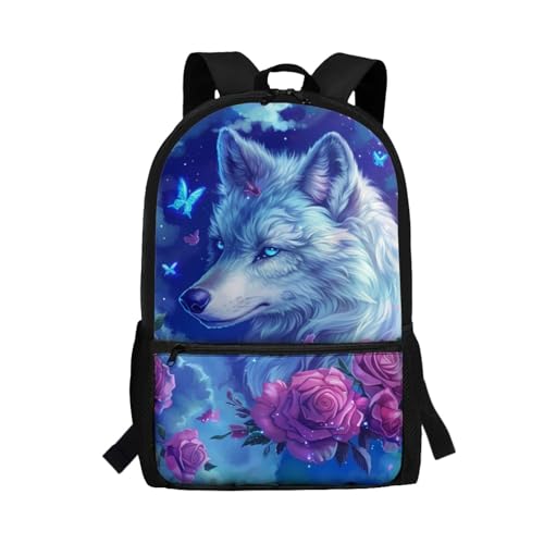 Wolf Backpack for Girls 8-10/12-14 Bookbag Kids Pink Rose Elementary School Bag Student Bookbag 17 Inch Middle School Student Back Pack Schoolbag with Side Pocket