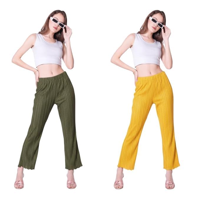 MOOLYAVAAN Products Women's Khajuri Design Pleated Palazzo Pants, High-Rise Elastic Waist with Drawstring, Soft Stretchable Fabric, Size- Small to XXL, Size-26 to 36 (Olive Green and Yellow)-image-24