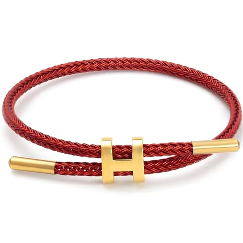 Bracelet with Adjustable Design Polished H Shape Buckle, Bracelets for Women, 18k Gold-plated Buckle Design Titanium Steel Wire Rope Women's Gift Jewelry (Red)