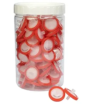 Syringe Filters PTFE Hydrophilic Filtration 0.45um Micron Pore Size 25mm Membrane Diameter Lab PTFE Membrane Disc Non-Sterile by Labfil, Pack of 100