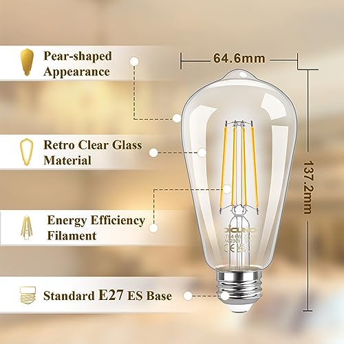 DiCUNO Vintage Edison Light Bulb E27 Edison Screw Bulb ST64, 6W Equivalent to 60W, Filament Clear LED Bulb, Warm White 2700K, 810LM, Non-dimmable, 3 Pcs - Image 4