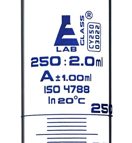 Graduated Cylinder, 250Ml - Class A Tolerance ±1.00Ml - Round Base - Blue Graduations - Borosilicate 3.3 Glass - Eisco Labs #TOP1