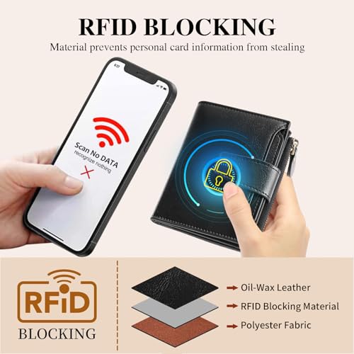 Image of GOIACII Leather Women's Wallet RFID Blocking Credit Card Holder Black | Compact, Small, Trifold Billfold with Zipper Coin Pocket, 4 ID Windows