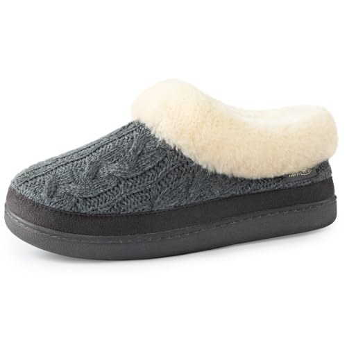 HomeTop Women's Knitted Clog Slippers Comfy Warm Memory Foam Non-slip Indoor House Shoes with Fuzzy Collar