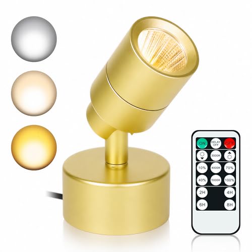 Image of LED Spot Lights Indoor, 3W Uplighting Indoor with Remote Control Dimmable & Timer, 3000K /4000K /5000K Adjustable Spotlights, Accent Uplights Indoor Solid Wall Light for Plants Picture Artwork, Gold