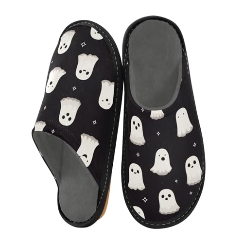 JUNZAN Cute Ghosts Black Memory Foam Slippers for Women Men House Slippers for Bedroom Indoor