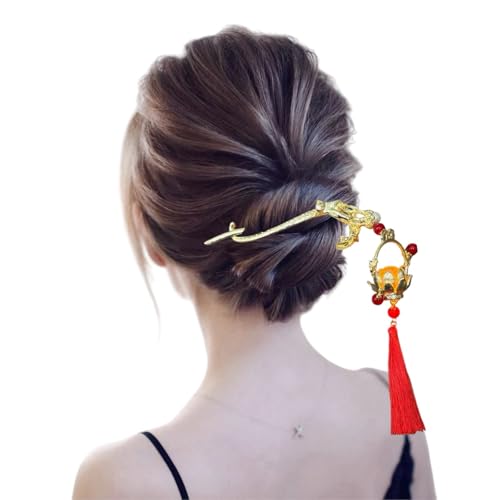 Image of 1pcs of Chinese Hair Sticks for Buns, Pearl Flower Vintage Metal Hair Chopsticks for Women and Girls Dangle Tassel Pendant Hair Accessories Hanfu Handmade Decor Hairpin (RED BANANA 2)