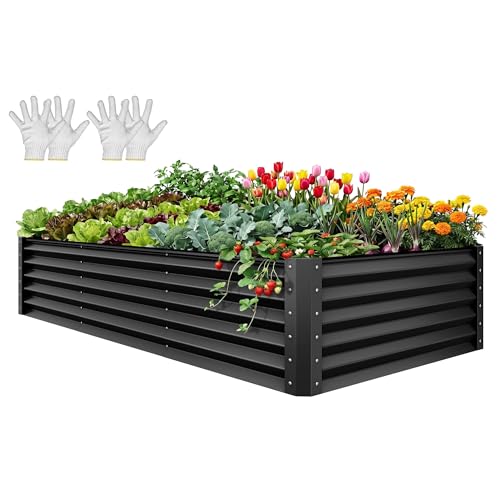 YITAHOME 8x4x1.5ft Large Raised Garden Bed Kit, Galvanized Metal Planter Box with Gloves, Ground Nails & Safety Rubber, Outdoor Above Ground Planters