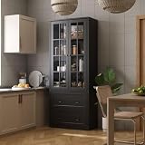 MOUMON Pantry Cabinet Kitchen Storage Cabinet with 2 Drawers & Glass Doors, Kitchen Pantry with Adjustable Shelves, Pantry and Kitchen Storage Black (31.5”W x 15.7”D x 78.7”H)