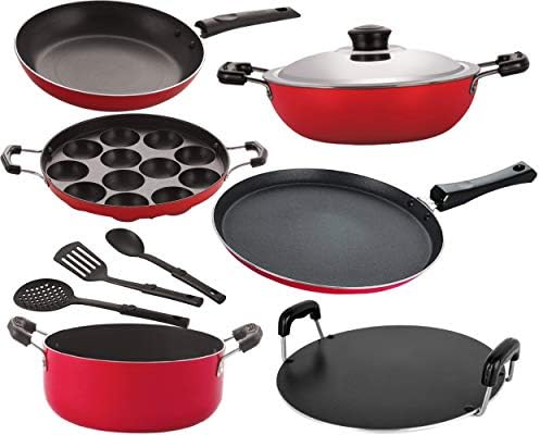 Nirlon Non-Stick Heavy Gauge Aluminium Kitchen Items(Black & Red_Combo Set) [26_FT12_DKDB_AP_RT_Cass20_TP24_3SPN]