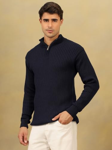 Image of Kvetoo Men High Neck Zipper Full Sleeve Woolen Winter Sweater