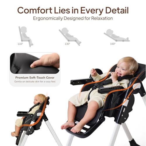 Image of Tinyiota 4 in 1 High Chair for Babies and Toddlers with Wheels, 8-Height Adjustable & 3-Position Recline, Easy Clean, Dishwasher Removable Tray, Foldable HighChair for Infant, Meets ASTM Safety, Black
