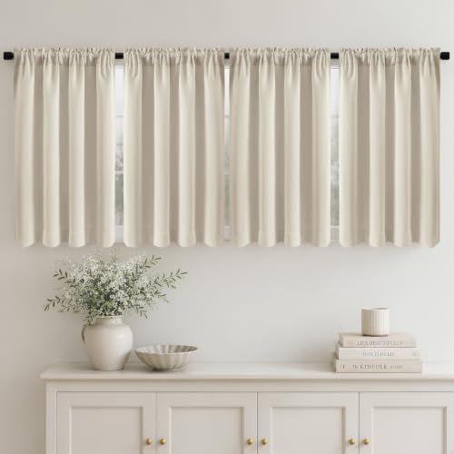 Image of MIULEE Beige White Room Darkening Bedroom Curtains 54 Inch Length 4 Panels