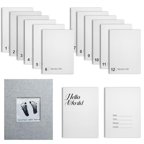 14 Pieces Baby Inkless Milestone Cards,1 Month to 12 Month Hand and Footprint Kit,Dog or Cat Pet Paw Print Kit, Newborn Sign Memory Kit-14 Ink Pad+14 Papers-(Gift Box + Album)