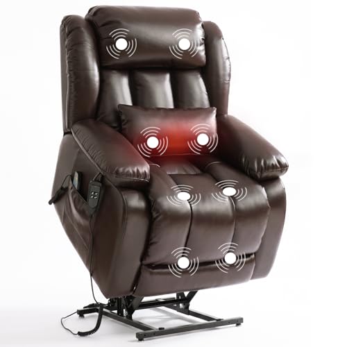 Image of Dual Motor Power Lift Recliner Chair, PU Leather Lay Flat Lift Chair for Elderly with Massage & Lumbar Heating, Extended Footrest, USB Charging, Remote Control, Removable Lumbar Pillow, Brown