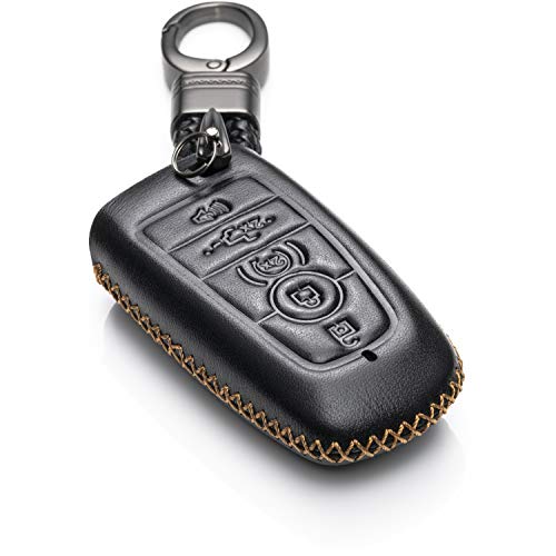 Vitodeco Genuine Leather Smart Key Keyless Remote Entry Fob Case Cover with Key Chain for 2019 Ford Fusion, Explorer, Escape, Edge, F-150, Mustang and More Models (5-Button, Black)