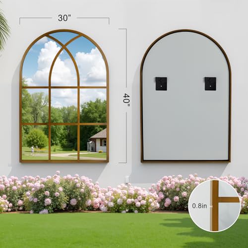 Image of Arched Window pane Wall Mirror 30 inchx40 inch, Window Shaped Farmhouse Style with Aluminum Frame, Decorative Wall Mirror Leaning Hanging for Living Room, Courtyard, Bedroom, Entryway, Bronze