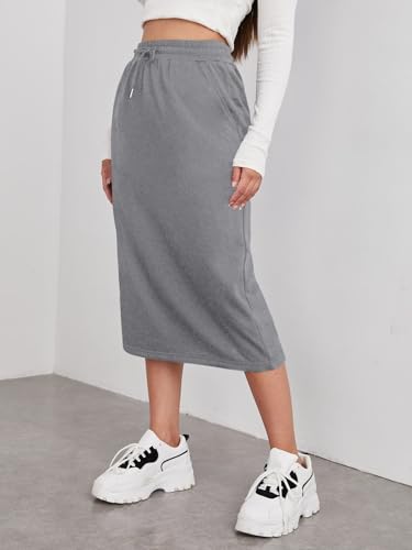 Women's Drawstring High Waisted Midi Skirts Casual Skirt with Pockets