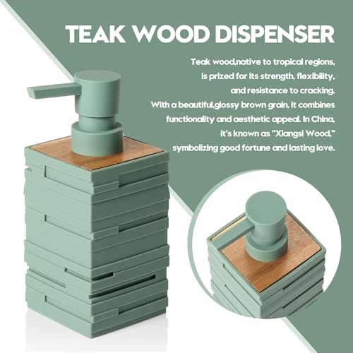 Image of YAUKPH Matte Green Teak Wood Hand Soap Dispenser