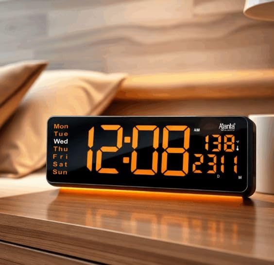 Image of Ajanta Digital Electric Wall Clock with Time, Temperature, Date & Day | RGB LED Night Light Display | USB Type-C Charger | 12 /24H Format & Snooze (Orange)