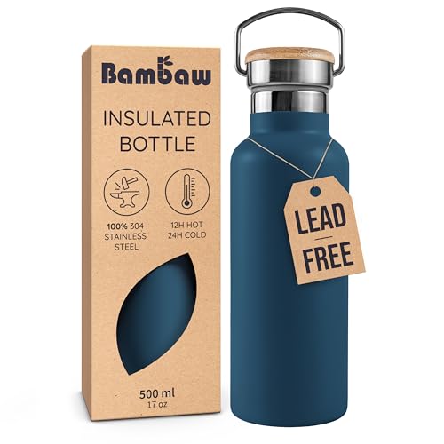 Bambaw Insulated Water Bottle 16 oz, Blue Water Bottle Stainless Steel, Reusable Water Bottle Dishwasher Safe, Stainless Steel Water Bottle Insulated – Aegean Blue