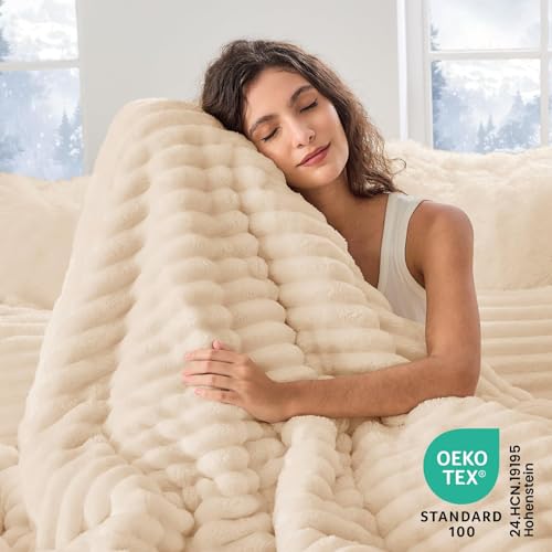 Image of Sasttie King Comforter Set 3 Pieces - Super Soft Fleece Comforters King Size, 1 Luxury Warm Fuzzy Marshmallow Comforter with 2 Pillow Cases, Faux Fur Down Alternative Bedding Set, Beige