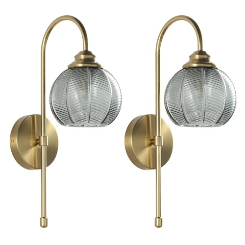Image of KCO Lighting Brushed Gold Wall Sconce Set of Two Vintage Smoked Glass Wall Lights Mid Century Bathroom Light Sconces Set of 2 Modern Globe Wall Sconce Long Arc Wall Light
