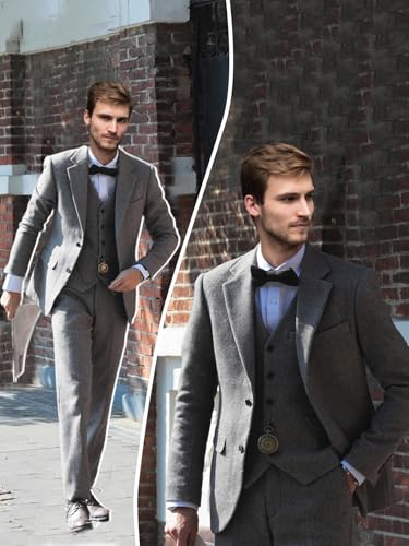 Men's 3 Pieces Suit Retro Slim Fit Suit Tweed Herringbone Business Suit Wedding Party Tuxedos with Blazer Vest Pants4