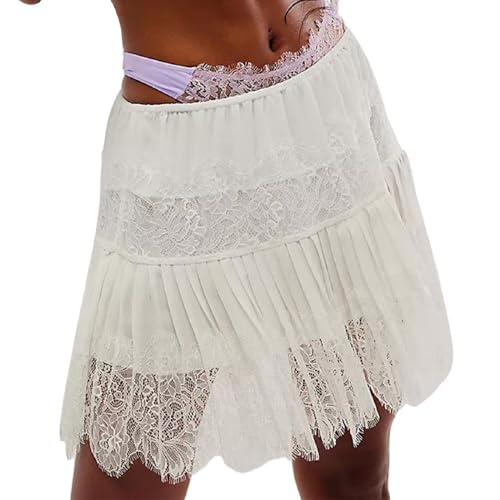 Muineobuka Women Lace Mini Skirt Low Rise Lace Slip Skirts Pleated Layered Ruffle Half Slip Underskirt