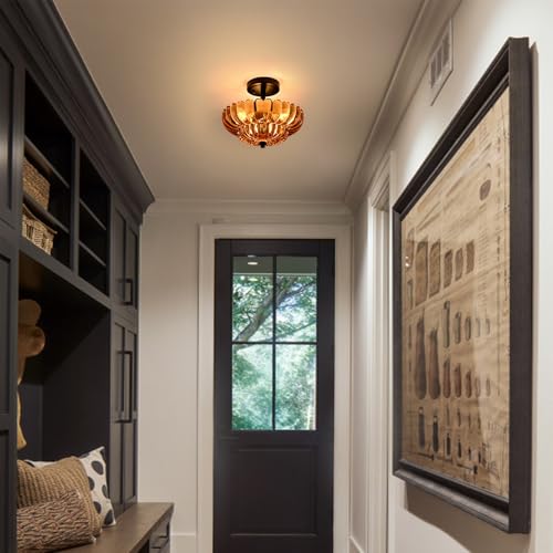 Image of Modern Amber Glass Scalloped 3-Light Flush Mount Ceiling Light Black Base | Vintage Semi Flush Mount Ceiling Light Fixture, Close to Ceiling Light Dimmable for Hallway Bedroom Entryway Kitchen