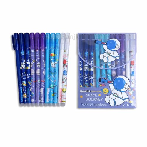 Image of 12 Pcs Cute Space Theme Erasable Gel Pens Set | 0.5mm Fine Tip Blue Ink | Write Erase Rewrite Pens for Kids Students | Smooth Writing School Stationery Gift