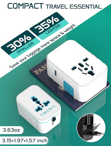 Image of Universal Travel Adapter Worldwide, TECSIX International Plug Adapter with 2 USB-C & 2 USB-A Ports, 5-in-1 Travel Power Adapter for EU UK US AUS, Compact Travel Essentials for 200+ Countries